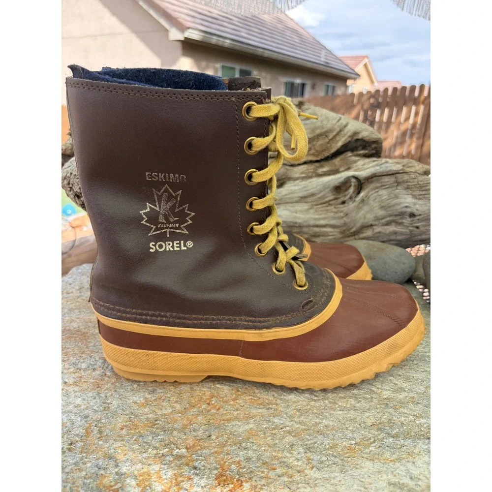 Vintage Sorel Kaufman Eskimo Pac Boots Mens Size 9 Brown Leather Wool Lined‎